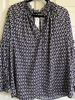 Lane Bryant Purple, Navy and White Geometric Tie-Neck Blouse